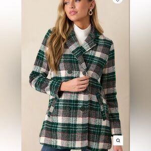 Aura Beauty And Style Dark Emerald Plaid Pea Coat Green Double Breasted L NWT